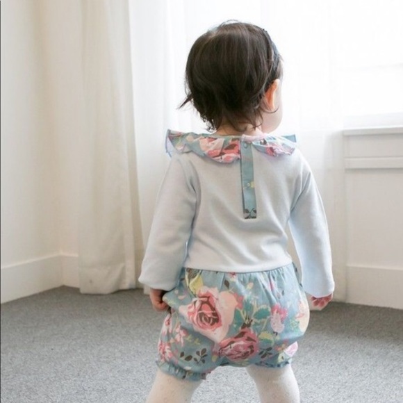 Floral Print Large Bow Long Sleeve Bubble Shorts Bodysuit - Picture 4 of 4